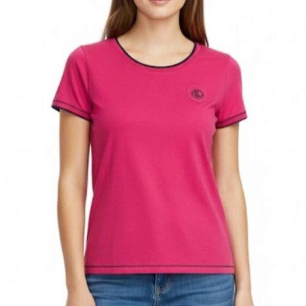 Lauren Ralph Lauren Active Fuchsia Pink Navy Trim SS Crested Preppy T-Shirt Sz M